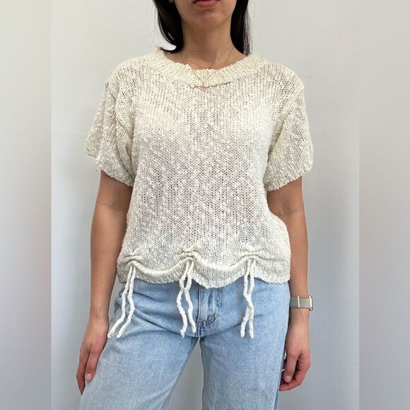 Liz Claiborne Cream Cotton Knit Crew Neck Short Sleeve Tee Top Fringe Ties M - Picture 1 of 8